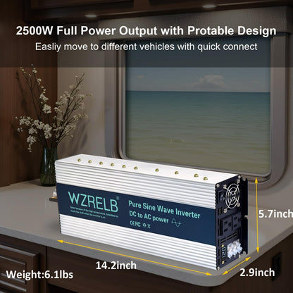 2500W Pure Sine Wave Inverter, Car Power Inverter 12V DC to 110V 120V AC Converter for RV, Truck, Solar, Outdoor with Dual AC Outlets, Hardwire Port, Surge 5000W, LED Display,Off-Grid