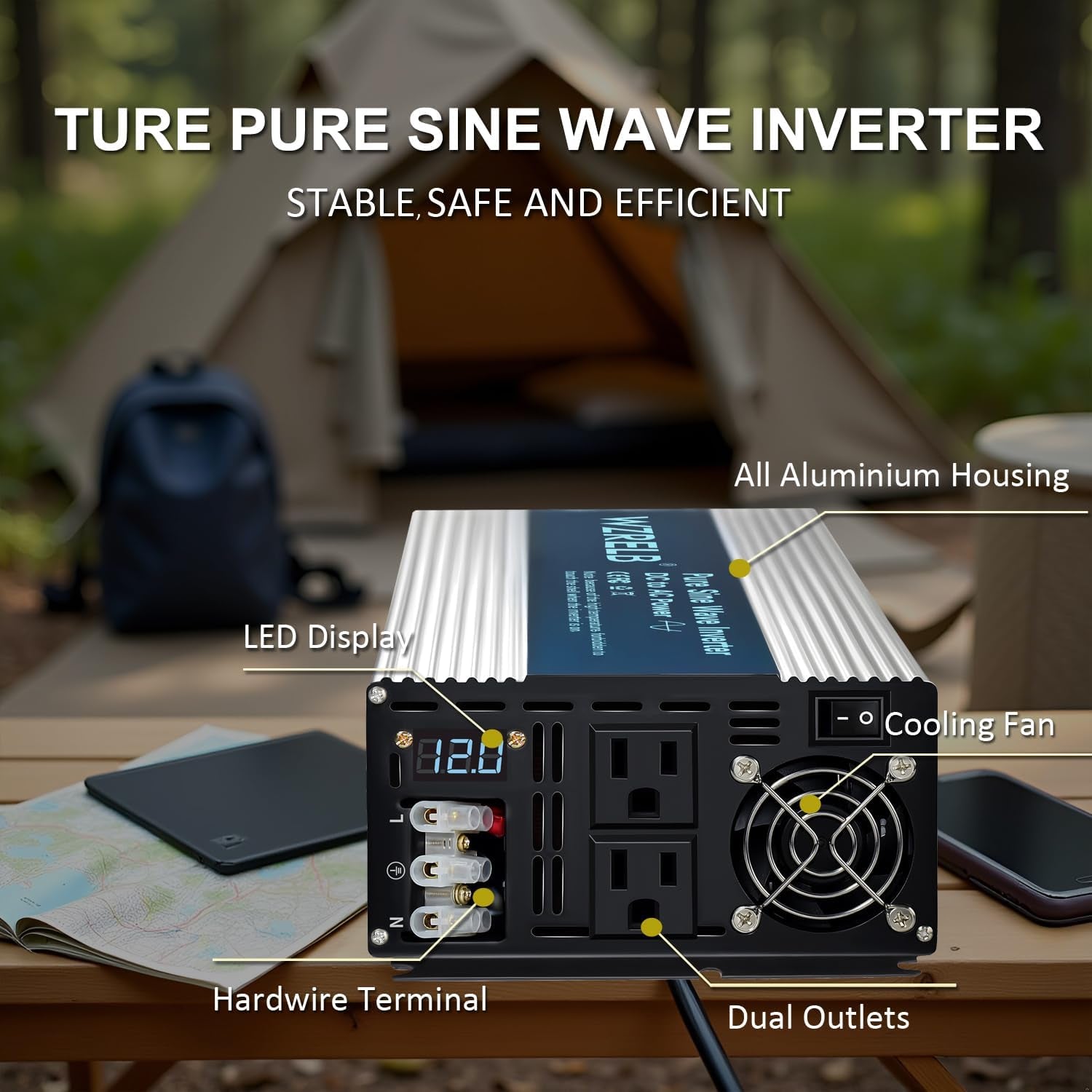 2500W Pure Sine Wave Inverter, Car Power Inverter 12V DC to 110V 120V AC Converter for RV, Truck, Solar, Outdoor with Dual AC Outlets, Hardwire Port, Surge 5000W, LED Display,Off-Grid